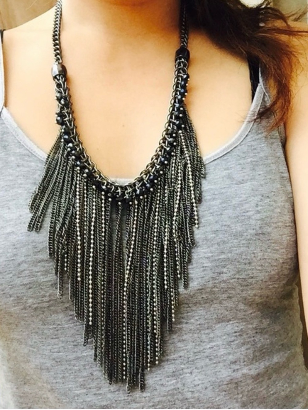 Statement Steampunk Gun‎ Metal & Black Glass Dangling Chain Bib Fringe Necklace